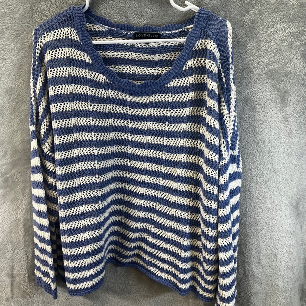 Love Ellie Blue White Striped Open Knit Crochet Sweater Womens 2X Boho Beach‎